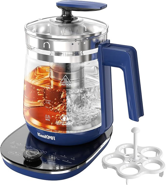 Electric Kettle, 1.5L Borosilicate Glass Hot Water Kettle Electric & Tea Kettle for Coffee or Tea, BPA Free, Auto Shut-Off, Stainless Steel, Blue, 1200w
