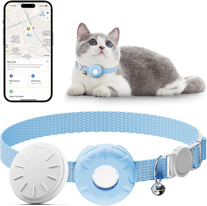 Cat GPS Tracker, Waterproof Pet GPS Tracker for Cats, Cat Tracker Collar with Safety Elastic Buckle, Compatible with Apple Find My App (Only iOS), No Monthly Fee, Blue