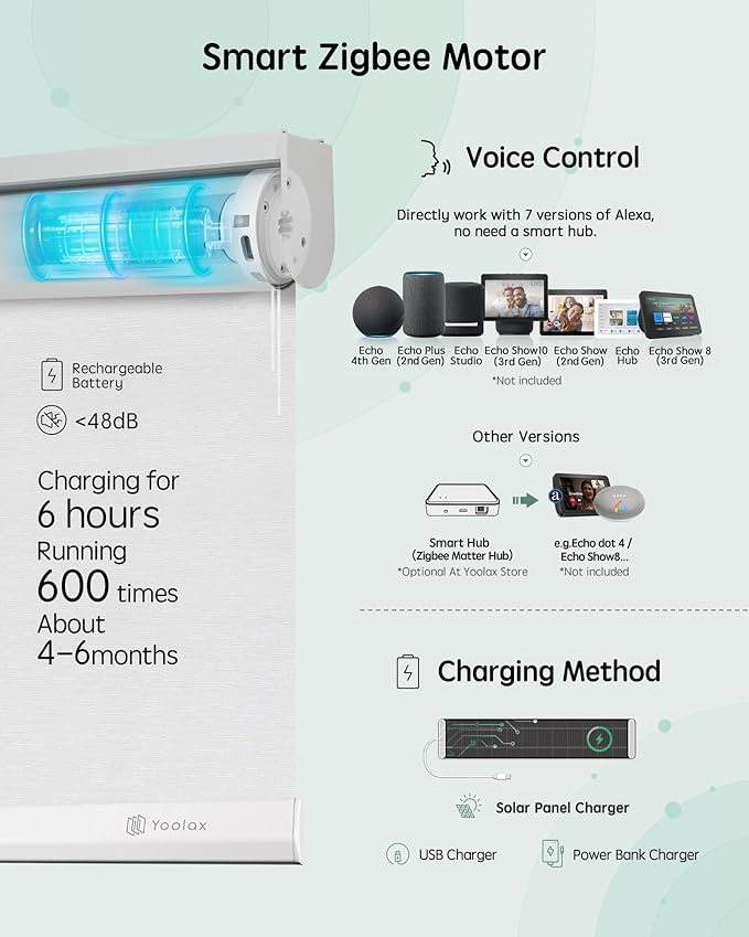 Yoolax Motorized Blinds with Remote, Blackout Smart Blinds for Windows Motorized Roller Shades, Automatic Window Blinds Directly Compatible with Alexa Electric Blinds (Jacquard White, 41" W x 72" H)