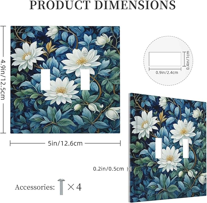 White Flowers Green Leaves Light Switch Covers Double Toggle 2 Gang Wall Plate Dual Decorative Switchplate Electrical Faceplate for Farmhouse Living Room Decor