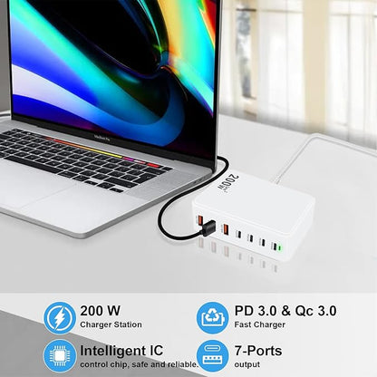 USB C Charger Block 200W 7 Port Fast Charging Station Hub, PD 45W Laptop Charger Brick Adapter Compatible with MacBook Pro/Air, iPad, DELL, Steam Deck, iPhone 17/16/15/14, Galaxy S23/22 (White)