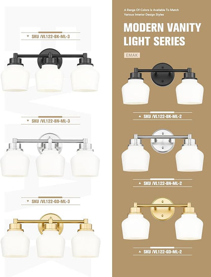Emak Modern Black Bathroom Lighting Fixtures Over Mirror, Farmhouse 3-Light Vanity Lights with Milk Glass Shade for Bathroom, Mirror, VL122-BK-ML-3