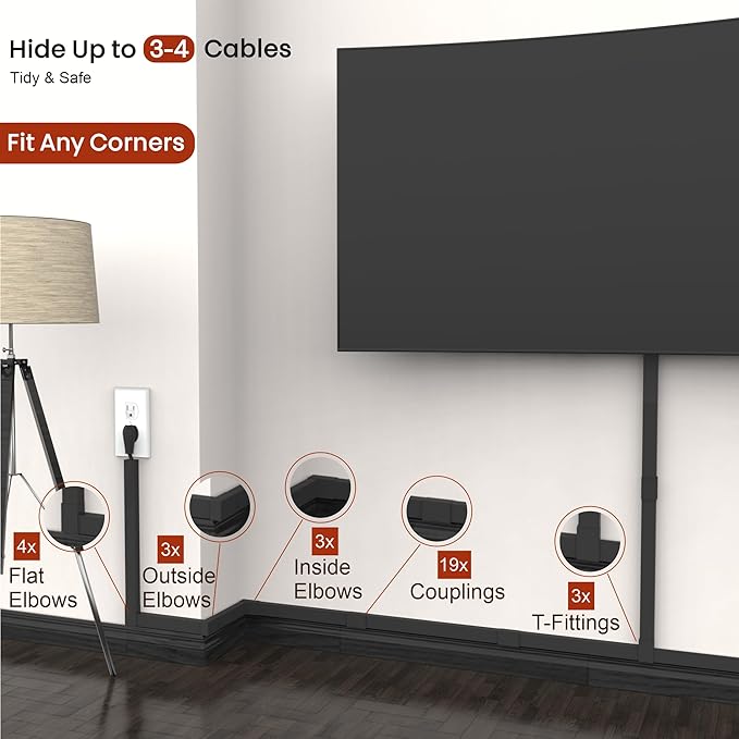 Black Cord Hider Cable Raceway - 315in Wire Cover for Cords, Hide Wires, Cord Covers for Wall Mounted TV, Cable Hider Wall Kit, Large Conduit Channel