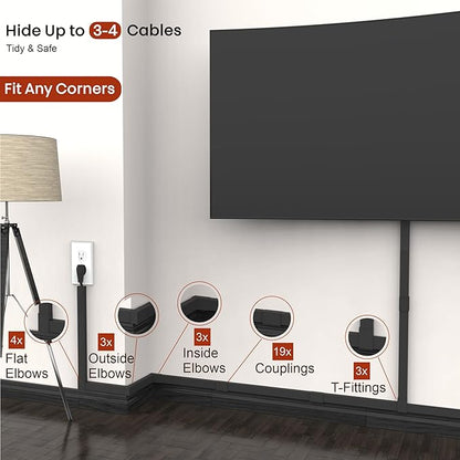 Black Cord Hider Cable Raceway - 315in Wire Cover for Cords, Hide Wires, Cord Covers for Wall Mounted TV, Cable Hider Wall Kit, Large Conduit Channel