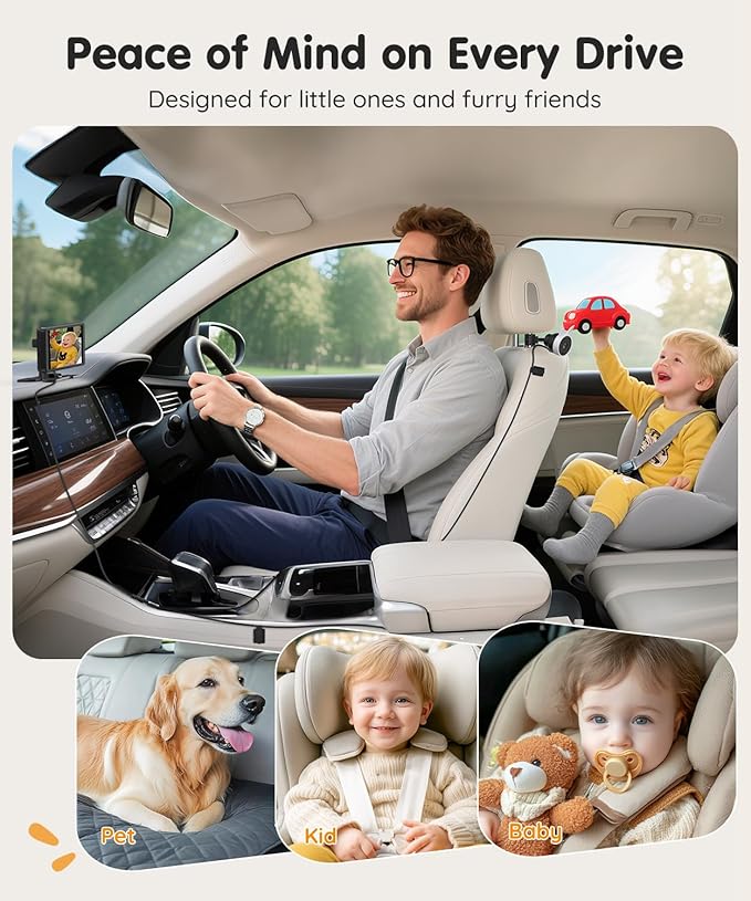 Babyvue BV3PRO 7.2" Dual Car Camera Baby Monitor, 1080P HD Split Screen, IR Night Vision, Double Car Camera for 2 Baby, Easy Setup for Carseat, Perfect for Family Travel, Pet Friendly