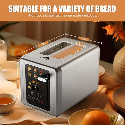 Touch screen Toaster 2 slice,Stainless Steel Digital Timer Toasters with Sound Function,6 Bread Types & 6 Shade Settings,Smart Extra Wide Slots Toaster with Bagel,Defrost Functions,Slate