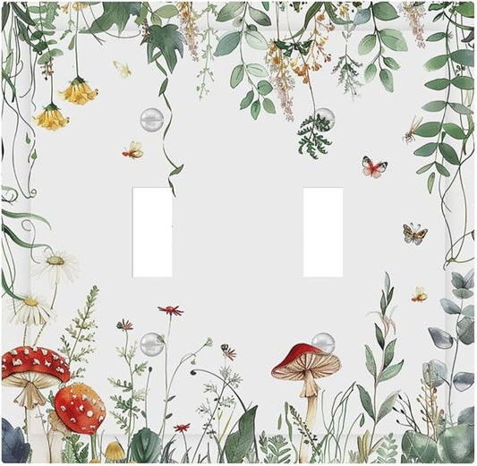 Decorative Switch Plates Sage Plant Red Mushroom Butterfly Wild Flower 2 Gang Double Toggle Outlet Light Switch Cover Wall Plate Electrical Faceplate For Bed Room Kids Room Decor