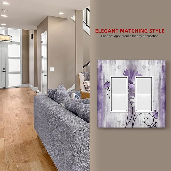 Decorative Outlet Covers Rustic Purple Daisy Grey Flowers 2 Gang Wall Plate Double Rocker Two Switch Wall Cover Plate Light Switch Cover Plate Faceplate for Country Bedroom Home Decor