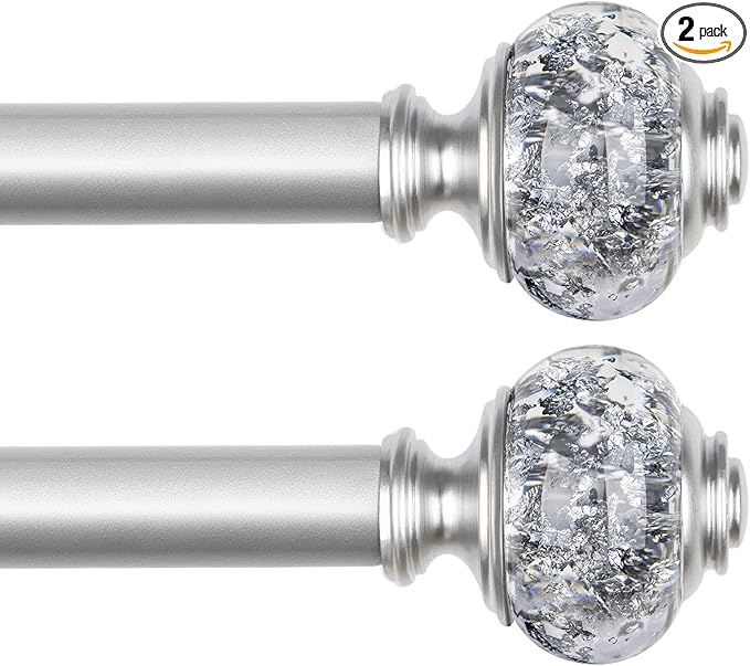 2 Pack Curtain Rods, 1 Inch Telescoping Drapery Rod 28 to 48 inch (2.3 to 4ft), USFOOK Curtain Rods for Windows 16 to 44 Inches, Silver Translucent Finials