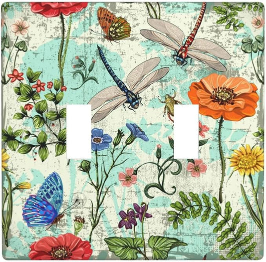 Dragonflies Flowers Butterfly 2 Gang Double Toggle Outlet Light Switch Cover Decorative Wall Plate Cover For Home Living Bedroom Kitchen Decorative