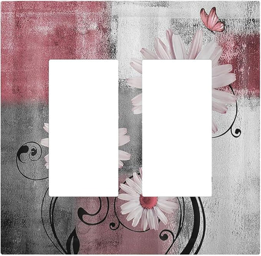 Decorative Outlet Covers Pink Floral Rustic Daisy Flower And Butterfly 2 Gang Double GFCI Rocker Electrical Wall Panels Light Switch Cover Plate for Farmhouse Cabin Decor