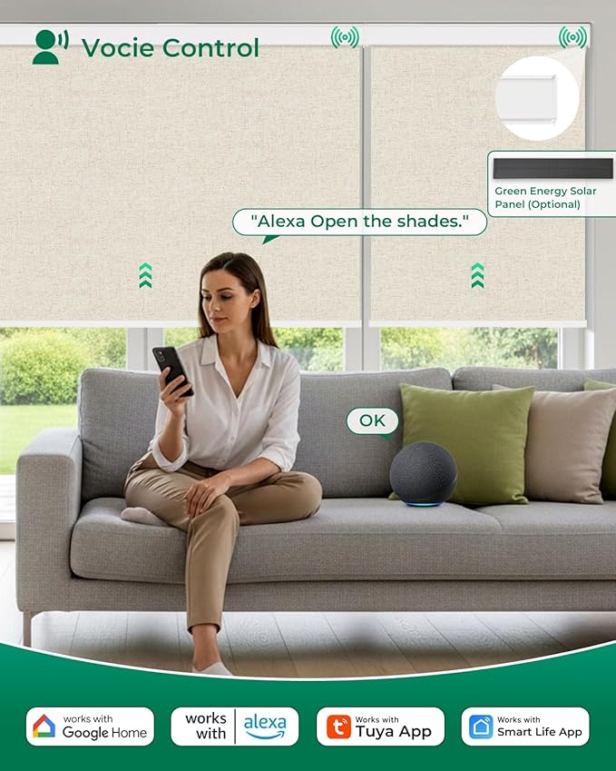 Allesin Motorized Roller Blinds – Rechargeable Smart Shades with Remote & Quiet Motor, Top/Bottom Aluminum Rails, Alexa-Compatible for Window (33" W x 72" H, 100% Blackout Sand-Linen)