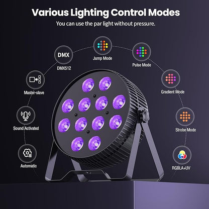Betopper LED Stage Lights, 12X18W DJ Par Light, RGB+Lime+Amber+UV 6-in-1 Wash/Strobe Effect Stage Lighting, DMX512/Sound Activated Uplighting Lights for DJ, Parties, Concerts, Bars, 4-Pack