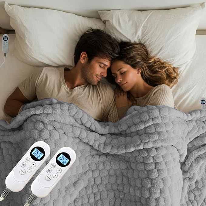 Electric Heated Blanket 90''x100'' – Large Soft Ribbed Faux Fur Fast Heating Blanket with 12 Heat Settings, 1–12H Timer, Overheat Protection ETL & FCC Certified Machine Washable