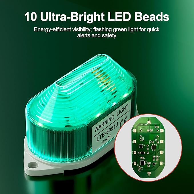 AC110V Strobe Siren Industrial Warning Light with Green LED and 105dB Buzzer, Ultra-Bright Signal Flashing Alarm Light for Safety and Alert, Oval