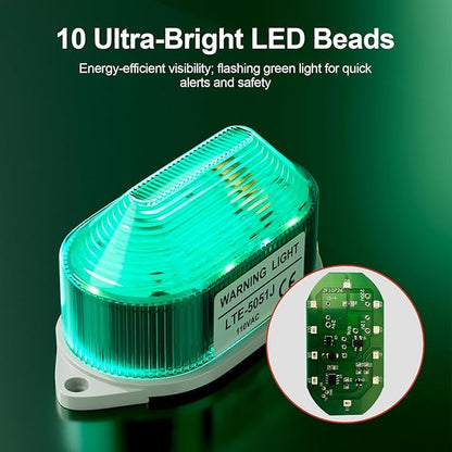 AC110V Strobe Siren Industrial Warning Light with Green LED and 105dB Buzzer, Ultra-Bright Signal Flashing Alarm Light for Safety and Alert, Oval