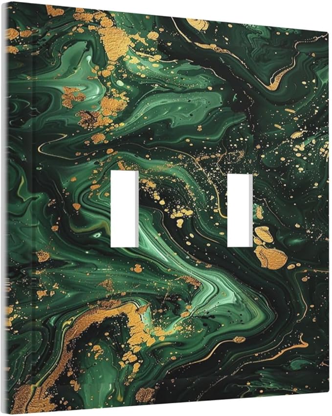 Green/Gold Modern Abstract Luxury Marble 2 Gang Double Toggle Light Switch Cover Decorative Switchplate Electrical Wall Plates Faceplate for Bathroom Bedroom Decor 4.9 X 5 IN