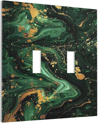 Green/Gold Modern Abstract Luxury Marble 2 Gang Double Toggle Light Switch Cover Decorative Switchplate Electrical Wall Plates Faceplate for Bathroom Bedroom Decor 4.9 X 5 IN