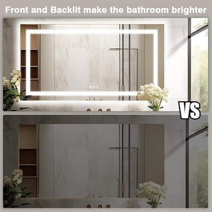 72"x40" Large LED Bathroom Mirror with Lights (Front & Backlit), Fogless, Stepless Dimmable, 3 Color Smart Mirror (Horizontal/Vertical)