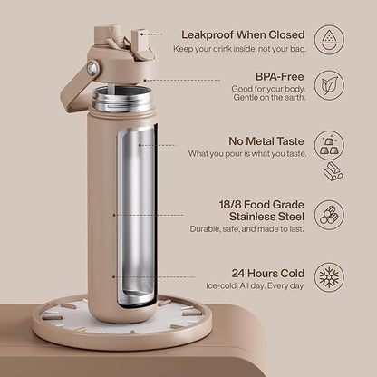 ENCOOL Insulated Water Bottle with Straw Stainless Steel Water Bottle, Leak-Proof, BPA-Free, Double Wall Vacuum Keeps Cold for 24 Hours for Sports, Travel, School (26 oz, Raw Umber)