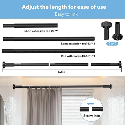 Tension Curtain Rod 51–148 In (4.25–12.33 ft),Extra Long Outdoor Curtain Rod for Window or Bathroom Patio,Easy to Install No Drilling Never Rust,Heavy Duty Adjustable Spring Shower Rod