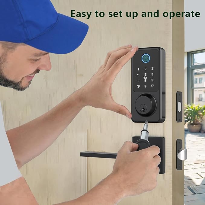 Smart Door Lock Set, Fingerprint Door Lock with Lever Handle, Black Keyless Entry Lock with App, Keypad Deadbolt for Home