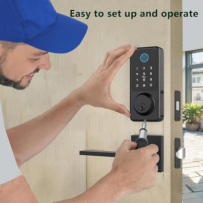 Smart Door Lock Set, Fingerprint Door Lock with Lever Handle, Black Keyless Entry Lock with App, Keypad Deadbolt for Home