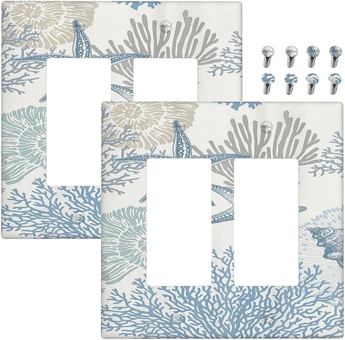 Decorative Outlet Covers Blue Starfish Coral Seaweed 2 Gang Light Switch Cover Plate Double Rocker Wall Plate Switch Plate Covers Faceplate for Bathroom Bedroom Decor （2 Pack）