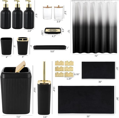 32PCS Black Bathroom Accessories Bathroom Set,Black Shower Curtain, Bath Towel Set,Hand Towel,Toilet Brush,Trash Can & 3PCS Soap Dispensera