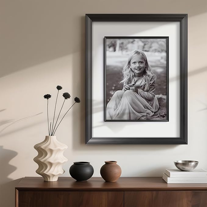 Yaetm 16x20 Black Picture Frame with Decorative Inner Frame & Tempered Glass, Display 11x14 Photos with Mat on Wall - Portrait or Landscape - Ideal for Office & Home Décor (Black, 2 Pack)
