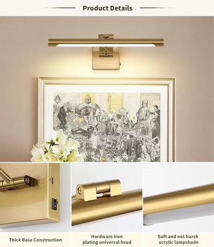 Joosenhouse Battery Operated Picture Lights for Wall Rechargeable Art Lighting for Paintings Wireless Gallery Light with Remote Control 16.54” Dimmable and Timed Off Wall Sconce Brass Color