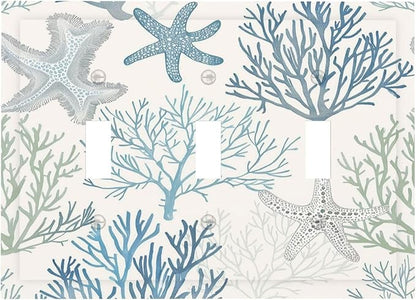 Decorative Switch Plates Ocean Beach Theme Starfish Seashell Coral 3 Gang Wall Plate Triple Toggle Light Switch Cover Faceplate Electrical Wall Panels For Bathroom Kids Room Decor