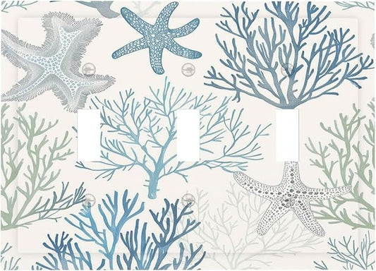 Decorative Switch Plates Ocean Beach Theme Starfish Seashell Coral 3 Gang Wall Plate Triple Toggle Light Switch Cover Faceplate Electrical Wall Panels For Bathroom Kids Room Decor