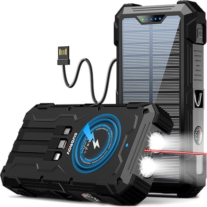 Solar Charger Power Bank, 42800mAh Wireless Portable Charger with USB-C in/Output, QC3.0 Fast Charging 15W 4 Ports Outdoor Battery Pack Built-in LED Flashlight, for iPhone, Galaxy, iPad etc