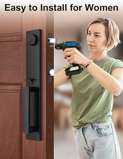 Front Door Lock Set, Full Escutcheon Front Door Handle Sets, Heavy Duty Entry Door Lock Sets with 3 Keys, Door Locks with Deadbolt Lever Handle