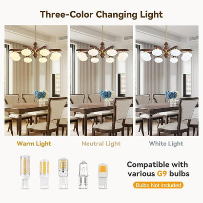 8-Light Chandelier, Mid Century Gold Chandelier with Milk Glass Shades, Wood Dining Room Light Fixture