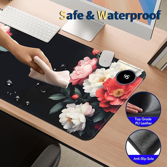 Heated Mouse Pad with 3 Temperature Settings(104°F–122°F),Large 31.5x13 Inch PU Leather Heated Desk Mat,Waterproof Warming Pad for Office,Gaming & Cold Hands Relief,Vintage Flowers