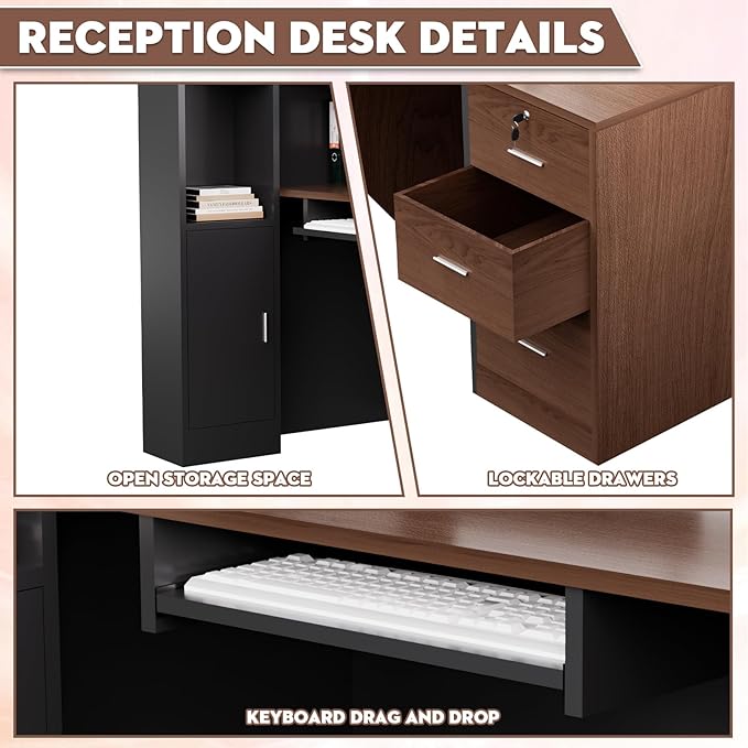 L-Shaped Modern Reception Desk with Counter & Storage - 84" Large Office Front Desk, Salon Checkout Counter with Lockable Cabinets, Shelves (Brown & Black, Right - 84''L x 34''W x 41''H)