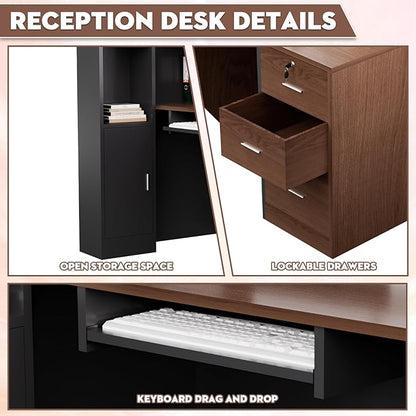 L-Shaped Modern Reception Desk with Counter & Storage - 84" Large Office Front Desk, Salon Checkout Counter with Lockable Cabinets, Shelves (Brown & Black, Right - 84''L x 34''W x 41''H)