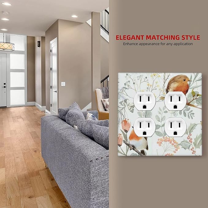 Outlet Covers Red Floral Berries Colorful Bird Plant 2 Gang Double Duplex Decorative Light Switch Covers Electrical Wallplates Socket Faceplate For Bed Room Living Room Decor