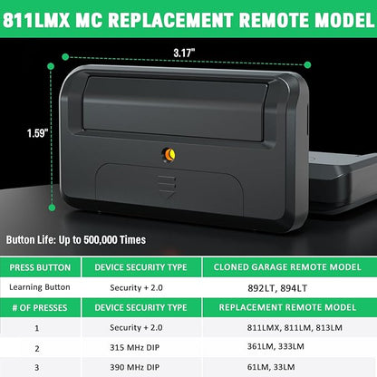 Upgrade 811LMX MC Gate Opener Remote Replacement for Liftmaster 811LMX / 811LM 1 Button Remote Control, for Liftmaster 850LM 860LM Star1000 Receiver, Security+ 2.0 315MHz 390MHz, 12 Dip Switch 4 Pack