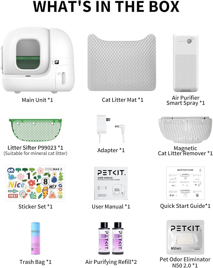 PETKIT 2025 Upgraded Automatic Cat Litter Box 2-Way Odor Remover & 20 Trash Bags,App Control Smart Robot with Anti-Scratch Inner Mat, Self-Cleaning Cat Litter Box True Integration & Structure Safety