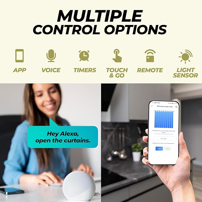 Smart Curtain Openers with Remote Control - High-Performance Motor for Roman, T/U-Shaped Tracks - Automated Opening/Closing (WiFi 2PK)