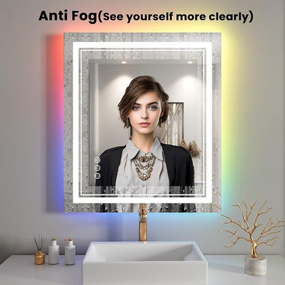 28x32 inch LED Bathroom Mirror with RGB Lights Color Changing Backlit Mirror Shatterproof Dimmable Anti-Fog Lighted Vanity Mirror (RGB Multicolor Backlit + Adjustable Front-Lighted)