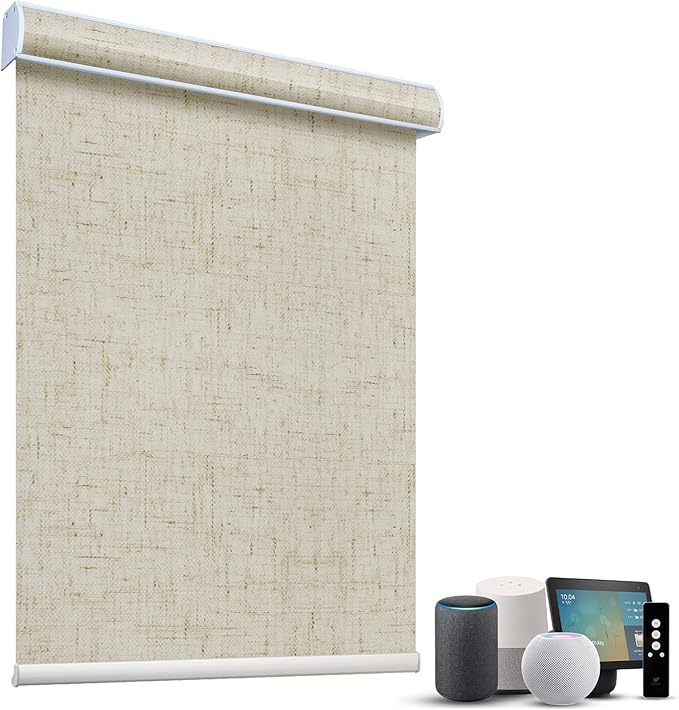 SmartWings Motorized Light Filtering Shades, 70% Blackout, Custom Size, Rechargeable Battery, Works with Matter/Apple HomeKit, Alexa, Thread/Zigbee, Remote Optional, 70% Linen Sand