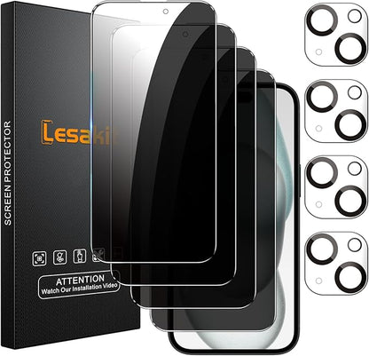 4+4 Pack Privacy Screen Protector for iPhone 15 Plus 6.7-Inch with 4 Pack Camera Lens Protector, Anti Spy Tempered Glass Film 9H Hardness Case Friendly