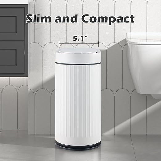 ELPHECO Bathroom Trash Can with Lid 2 Gallon Motion Sensor Garbage Can 7.5 Liter Small Trash can Touchless Bathroom Decor Waterproof Smart Waste Bin with Stripes for Bedroom, Office (White-Black)