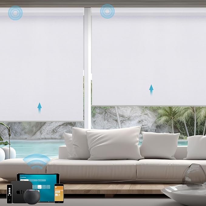 SmartWings Motorized Smart Blinds with Remote, Custom Automatic 100% Blackout Roller Shade Compatible with Alexa/Homekit/Google, Electric Smart Blinds for Indoor Windows, Essential White