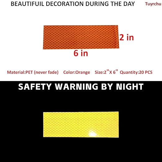 Non Fading Orange Reflective Stickers 2 inch X 6 inch, Outdoor Waterproof High Visibility Warning Safety Adhesive Reflector Tape (20 Pcs)