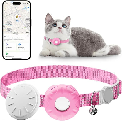 Cat GPS Tracker, Tractive GPS Pet Tracker, Cat Tracker Collar with Safety Elastic Buckle, Works with Any Collar,Compatible with Apple Find My App (Only iOS), No Monthly Fee, Pink
